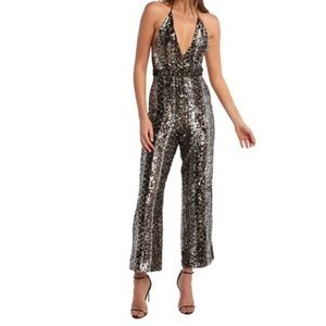 Bardot Jumpsuit Gunmetal Disco Halter Sequins NWT